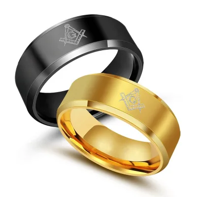 8mm Band Stainless Steel Black and Gold Plated Custom logo Signet Masonic Ring