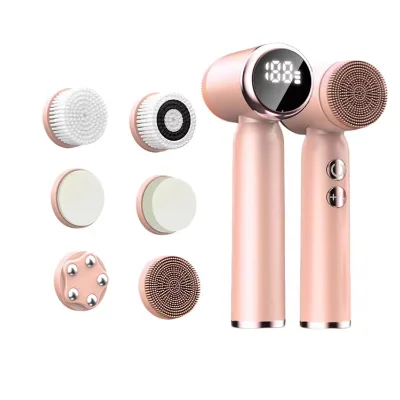 6 in 1 Skin Care Electric Facial Scrub Brush LCD Display Screen Portable Waterproof Face Massage Facial Cleansing Spin Brush