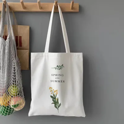 Spring Summer Floral Print Canvas Cotton Shopping Bag Long Handle Shoulder Tote for Student Campus Daily