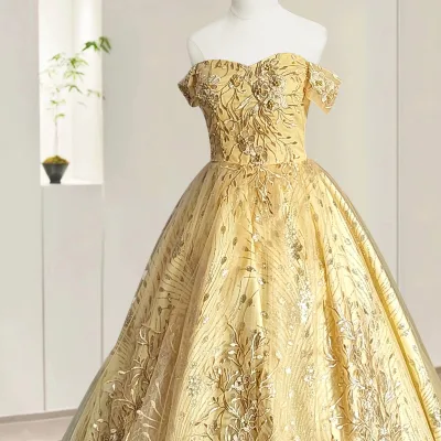 Golden Choral Evening Dress 2026 Spring Performance Puffy Off-Shoulder Wedding Mesh Floor-Length Ball Gown Art Exam Solo Student