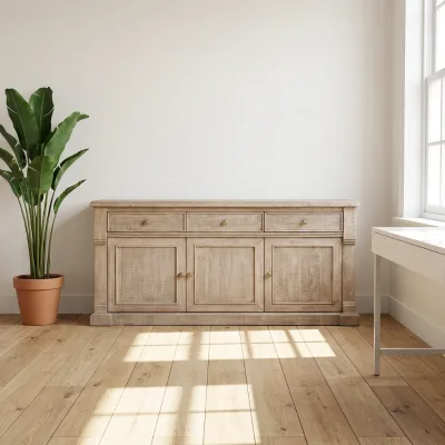 Modern Solid Oak Wood Sideboard with 3 Drawers & 3 Doors-Storage Credenza for Hotel Dining Living Room Use