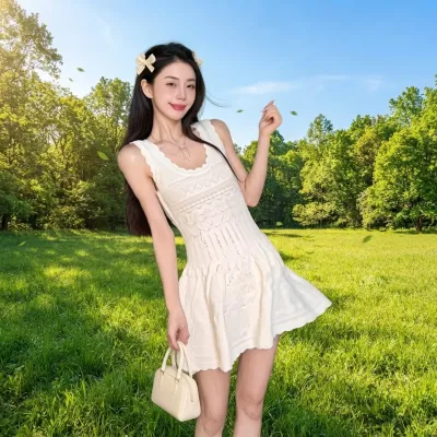 Women's Scalloped U-Neck Sleeveless Hollow Knit A-Line Flare Skirt Stretch Ribbed Mini Dress-Summer Garden Picnic Casual Wear