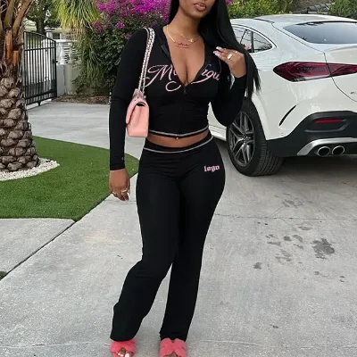 Custom Logo Autumn Letter Printed Hooded Zipper Short Hoodie High Waist Slightly Flared Pants Casual Two-piece Set