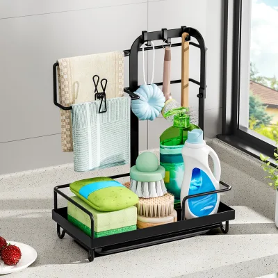 Modern Corner Mounted Kitchen Storage Rack with Rod Countertop Sink Towel Drain Stainless Steel Sustainable