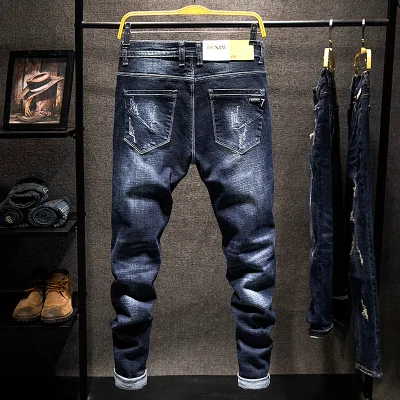 Classic Men's Jeans Casual Slim Fit Spring and Autumn Pants Straight Style with Distressed Jeans
