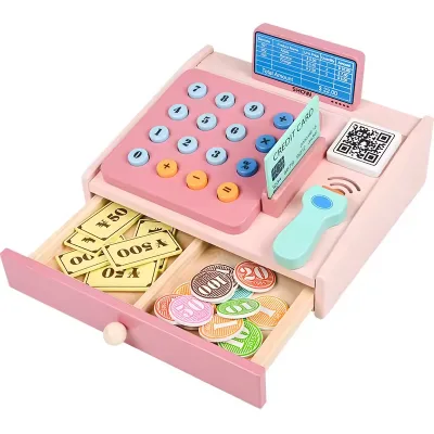 2025 Hot Selling Children's Wooden Pink Cash Checkout Montessori Simulation Game Educational Money Banking Preschool Toy Kids Ce