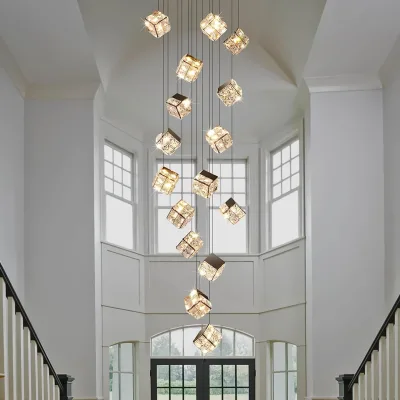 Business Center Staircase Ceiling Hanging Light Long Glass Crystal Led Chandelier