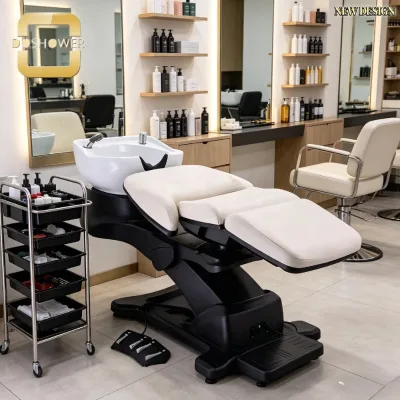Reclining Plug-In Shampoo Station with Alloy Frame and Stain Resistant Ceramic Basin for Salon Barber Shop Hairdressing Studio