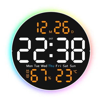 Round Shaped Electronic Colorful Brightness Adjustable Temperature Display LED Digital Table Wall Clock for Home Bedroom Decor