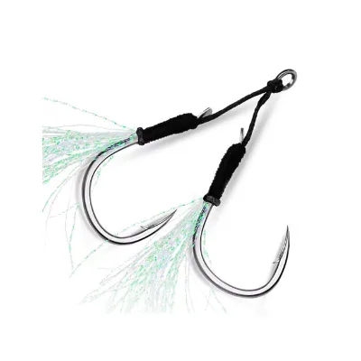 Jigging Fishing Assist Hooks UV Light Double Barbed Jig Fishhooks with Glow Feather 5 Pairs/bag