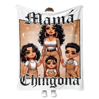 Chibi Mama Chingona Chicana Throw Blanket Custom Print Fleece Bamboo Minky Flannel Blanket Mother's Day Gifts for Latina Mom