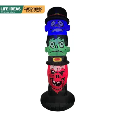 8FT Giant Inflatable Pillar Halloween Three Skulls Stacked Post Decoration for Halloween Festival Decoration