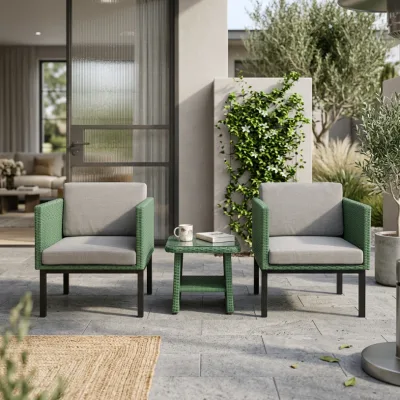 BSCI Certificated Modern Cube Lattice Woven Outdoor Conversation Set with Matte Black Metal Legs Double Layer Storage End Table