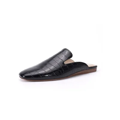 Women's Open Flat Shoes Black Croc Leather Square Toe Luxury Famous Shoes Ladies Leather Casual Shoes Women Flat Mules Slippers