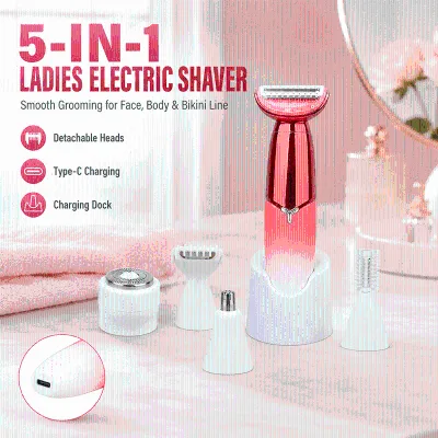 5-in-1 Ladies Electric Shaver for Women, Rechargeable Cordless Body Hair Trimmer, Type-C Lithium Battery Charging with Dock