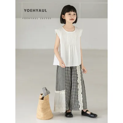 YOEHYAUL CD1546 73% Cotton 27% Linen Teenager Kids tank Tops Sleeveless White Solid Big Teen Girls tank Top for Girls Toddler