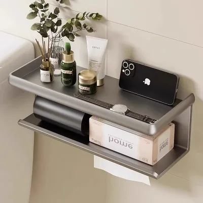 Iron Gray Bathroom Toilet Paper Holder Drill-Free Wall-Mounted Roll Paper Holder with Phone Shelf