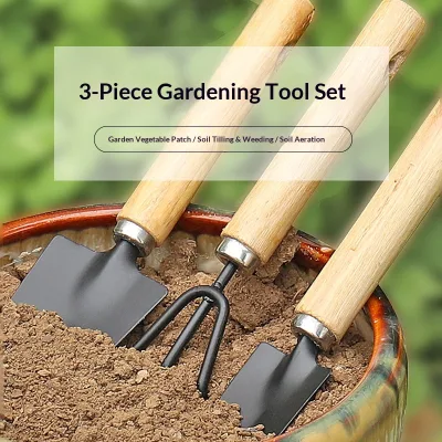 Three-Piece Iron Gardening Shovel Set with Wooden Handle for Indoor Flower Bonsai Pine Soil Vegetable Tools Made in China