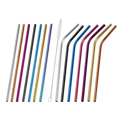 Wholesale Reusable Bent Straight Drinking 8/12mm *215/245mm  Black Silver Blue Rainboe Metal Stainless Steel Straw for Bar Party