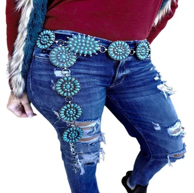 Gina Fashion Ladies Western Turquoise Concho Belts Holiday Supplies Dress with Waist Chain for Women