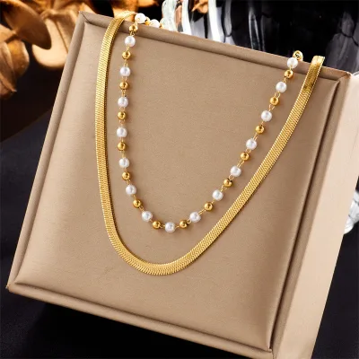 Minimalist Dainty Stainless Steel Waterproof Jewelry Necklace Gold-Plated Pearl Beaded and Flat Snake Chain Necklace for Women