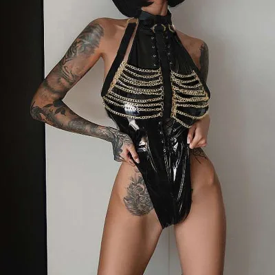 2026 Black Patent Leather Chain Decor Craft Underwear Edgy Halter Neck Zipper Bodysuit Lingerie
