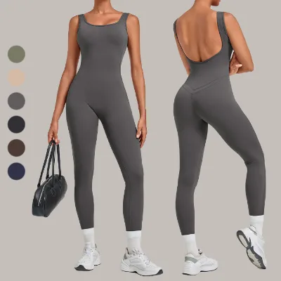Breathable Brushed Wide Straps Yoga Bodysuit Backless V-Shaped Hip Lifting One Piece Yoga Jumpsuit