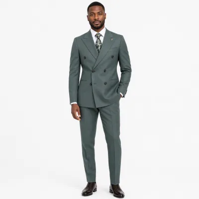 Worsted TR Daro Blue Casual 6 Buttons Double-Breasted Peaked Lapel Jetted Pocket Jacket Straight Pant 2 Pieces Men's Suit