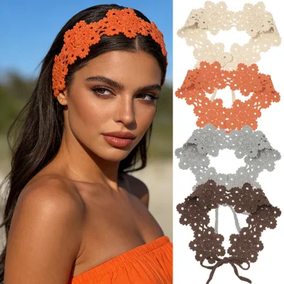 HZO-26051 Handmade Crochet Flower Headband Boho Knitted Hair Bandana Tie Back Floral Headwrap Accessories Wholesale