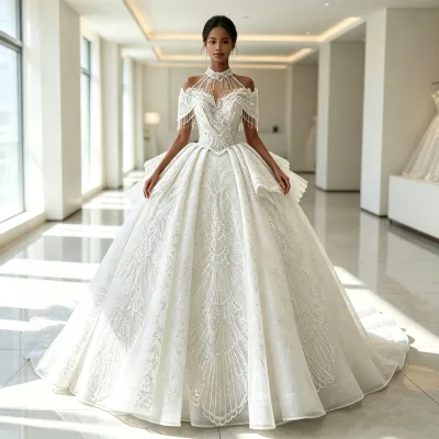 Customized Sweetheart Boat Neck Ivory Wedding Dress Plus Size Luxury Pearls Bridal Ball Gown Lace-Up Back Floor-Length