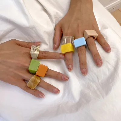 Creative Geometric Colorful Wide-Bordered Square Ring Chunky Cute Candy Color Irregular Resin Acrylic Ring for Women Man