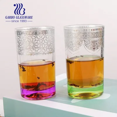 Machine Pressed Sodalime Glass Material 6oz Drinking Moroccan Tea Glasses Gold Color Turkish Tea Glass Decal Arabic Tea Glass