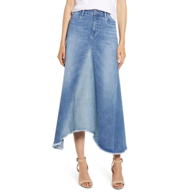 2024 Trending Custom Women's Two-Tone Denim Midi Skirt - Y2K Patchwork Design with Fluttery Raw Hem-Bulk Order Discount