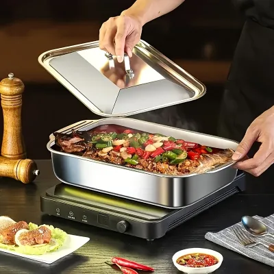 Stainless Steel Roasting Pan With Lid Non-stick Bbq Camping Kitchen Accessories Gadgets Tools Home Baking Pan Buffet Tray