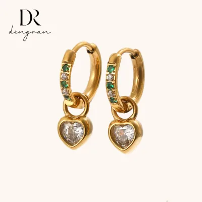 Stainless Steel Jewelry Europe and America New Niche Fashion Earrings Plated 18K Gold Green White Zircon love Earrings Female
