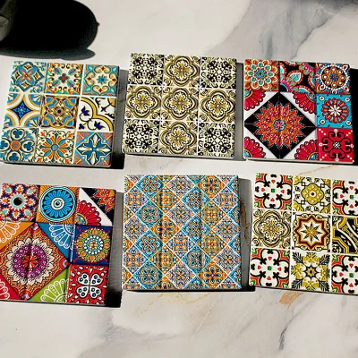 Nine-grid Ceramic coaster with Classic square Relief Embossing and Gold Foil Decoration, Heat-insulating Pad, Anti-scald Pad