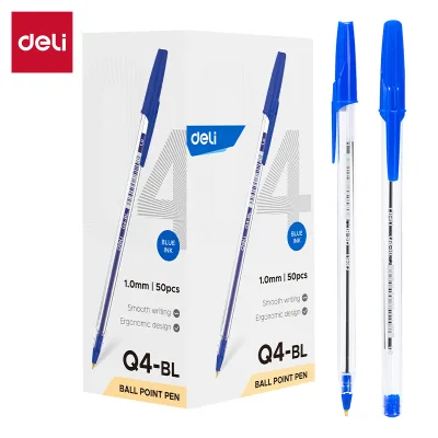 Deli EQ4-BL Ball Point Pen Bullet Tip 1.0mm extra Smooth Blue Ink Pen Clip Design Transparent Body Holder Smooth Writing