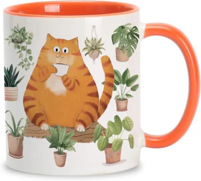 Fall Cat Coffee Mug Birthday Christmas Gifts for Cat Lovers Cute Orange Cat with Plant Gifts 11oz Ceramic Tea Cup for Home Decor