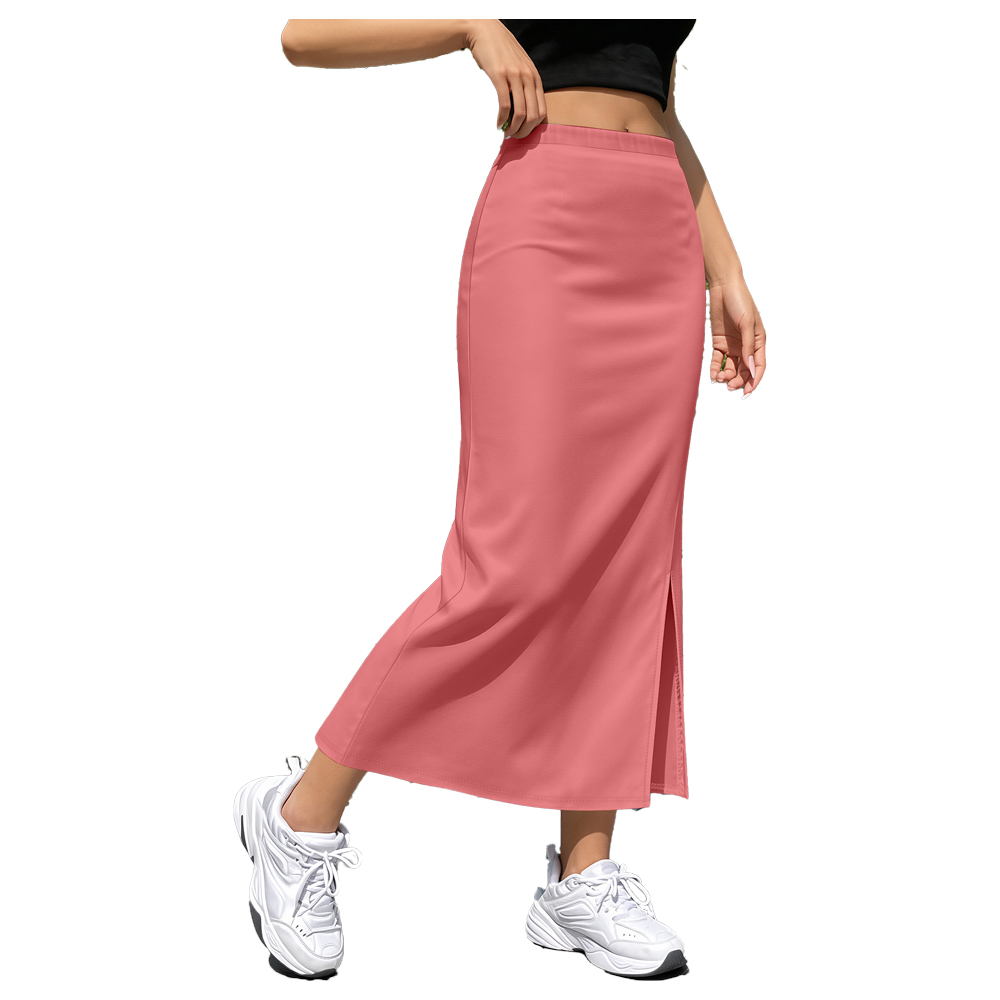 Factory Supply Stretch Polyester Midi Skirts for Women High Waist Side Slit Solid Color Elegant Casual Streetwear Long Skirt