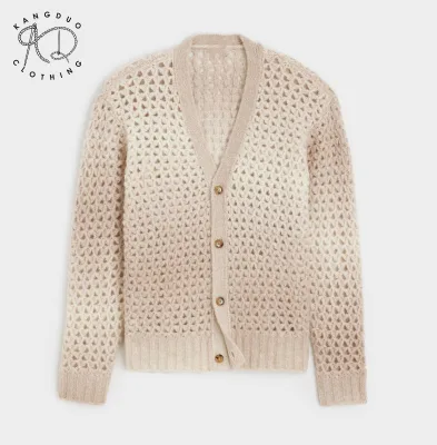 KD Knitwear Manufacturer Custom OEM ODM Long Sleeves Crochet Button Fuzzy Yarn Open Knit Men Cardigan