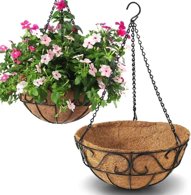 Metal Hanging Planter Basket with Coco Liner Chain Round Wire Hanger Garden Decoration Hanging Baskets Indoor Outdoor