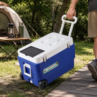 Pretty Design Insulated Solar Ice Chest Box PP/PE Material Storage Foods Portable Trolley Cooler Box with Wheel