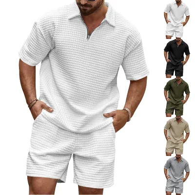 Wholesale Waffle Two Pieces Men Set Custom Logo Summer Tracksuit Plain Casual Shorts Suit