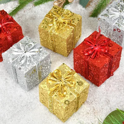 Christmas Golden Red Glitter Gift Box Hanging Tree Scene Arrangement Ball & Tree Ornaments Dress Pendant Gift Bag Ornament Set