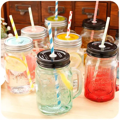 Top Seller Bulk 16 oz Straw Drink Glass Cup Mug Mason Jar Drinking Glasses with Handles Lid