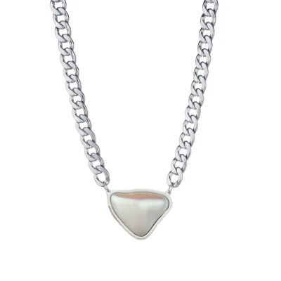 Elegant Freshwater Irregular Pearl Pendant Necklace with Cuban Link Thick Silver Chain Stainless Steel Fashion Choker Necklace