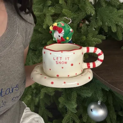 Christmas Ceramic Coffee Mug & Saucer Set Polka Dot Candy Cane Decor Cute Mug Microwave Safe 350ml Holiday Gift for Home Kitchen