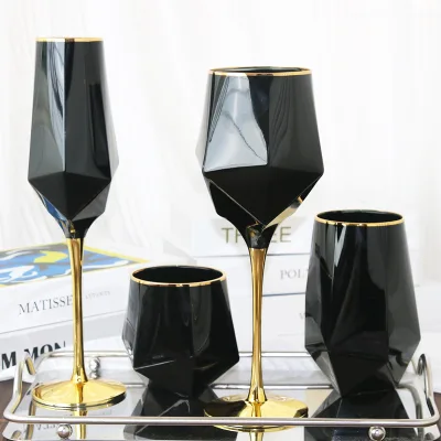 Brett WG0035 Contemporary Country Luxury Crystal Wine Glasses Pure Black Gold Rim Simple Diamond Geometric Shaped 301-400ml
