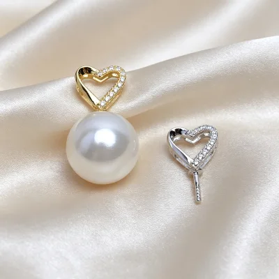 S925 Silver Electroplated Heart-Shaped Straight-Pin Drop Women Necklace DIY Jewelry Pearl Accessory for 8-12mm Pearl Empty Tray