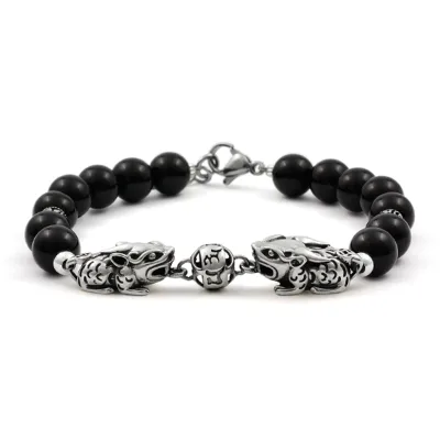 925 Sterling Silver Pixiu Statue Bracelet Black Agate Beads 7.8 Inches Mantra Double Vulcanization Natural Adjustable Brave